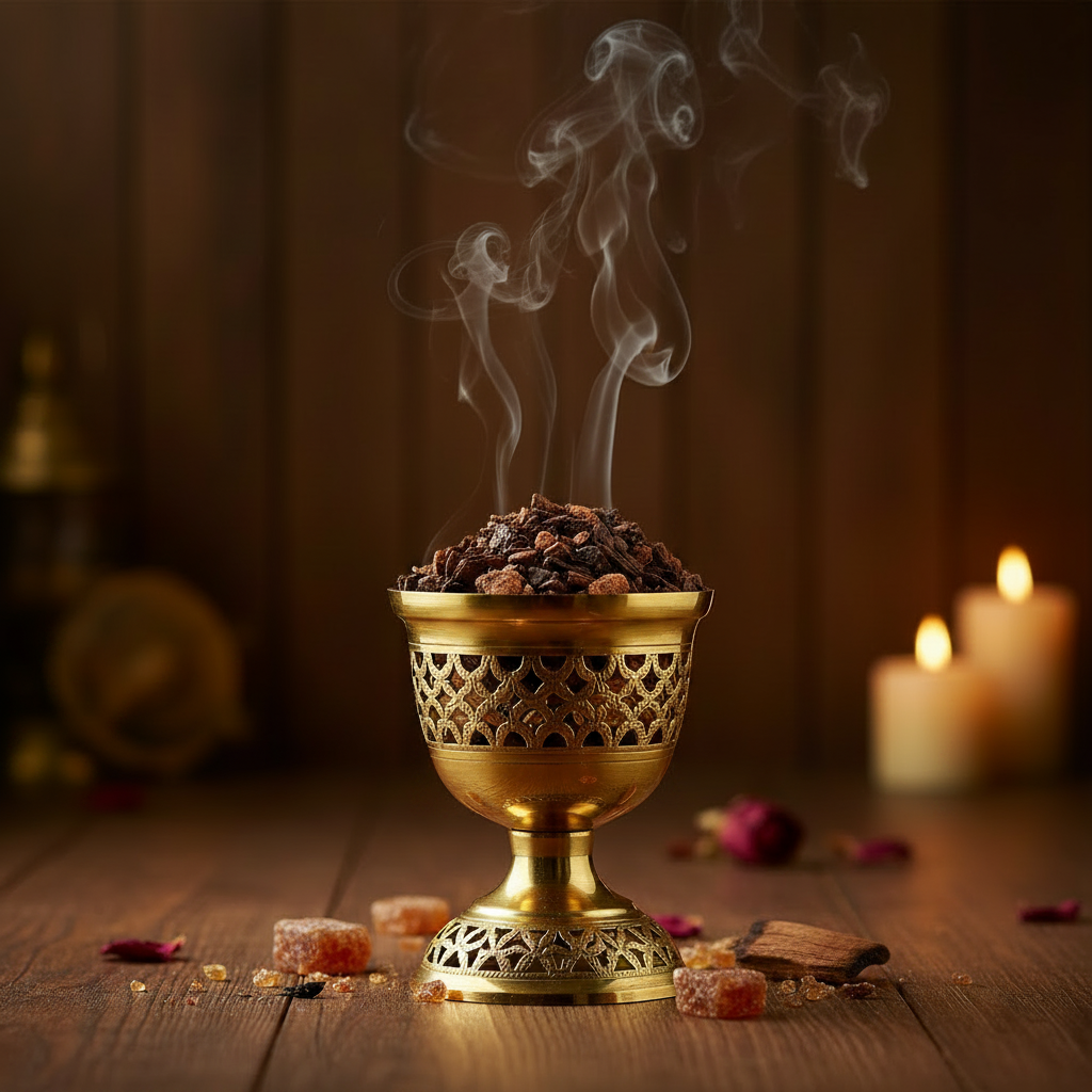 Bakhour traditionnel marron foncé dans un brûleur en laiton doré