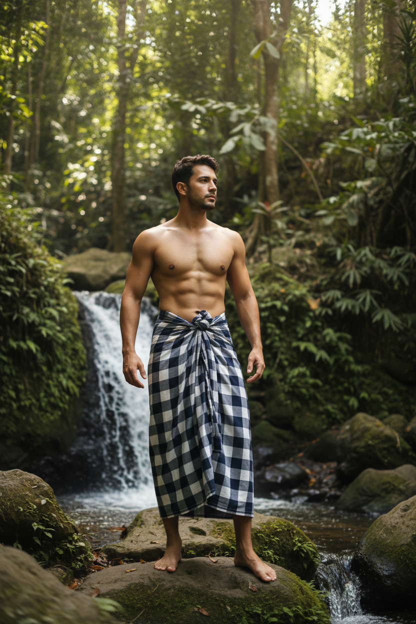 Homme portant un sarong à carreaux noué à la taille style indonésien