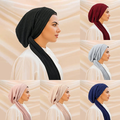 Turban Uni à Queue Longue – Bonnet Hijab Élastique Respirant Toutes Saisons