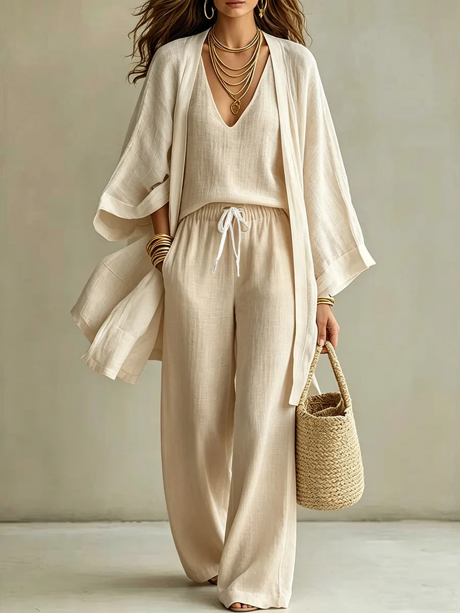 Ensemble 3 Pièces Femme – Cardigan Lin Coton, Gilet & Pantalon 7/8 Casual