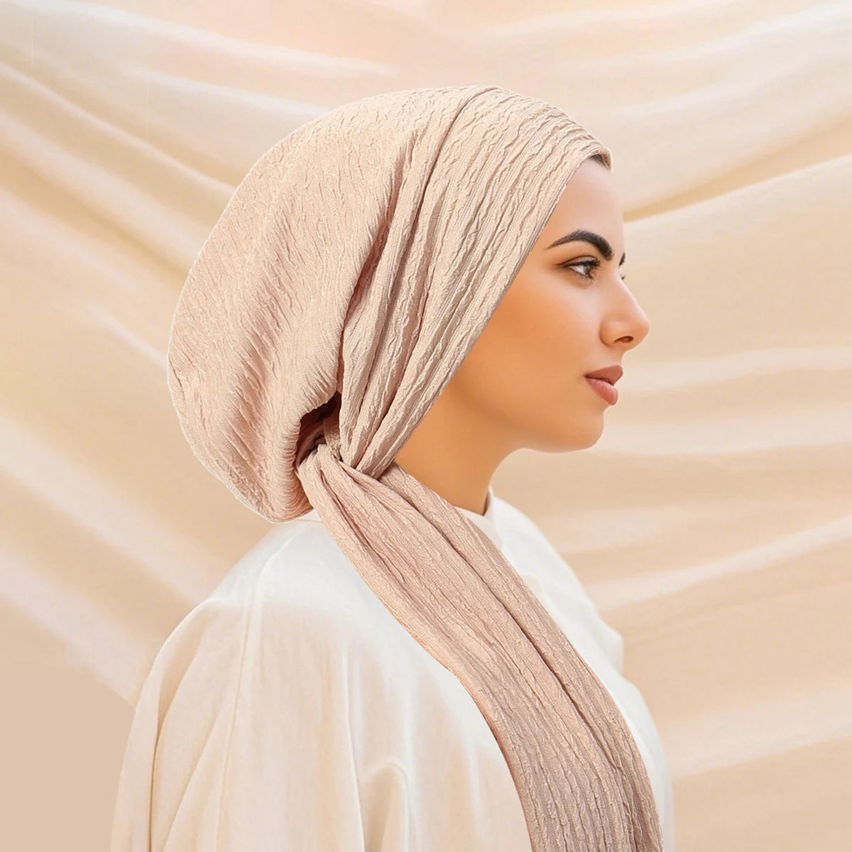 Turban Uni à Queue Longue – Bonnet Hijab Élastique Respirant Toutes Saisons
