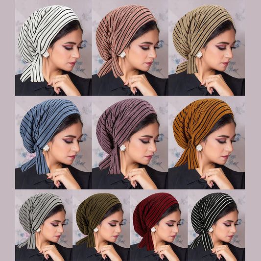 Turban Rayé Femme – Bonnet Hijab Islamique & Foulard Tête Toutes Saisons