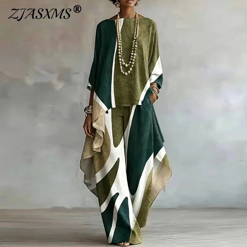 Ensemble 2 pièces Femme – Top Brassière & Pantalon Large Asymétrique Imprimé