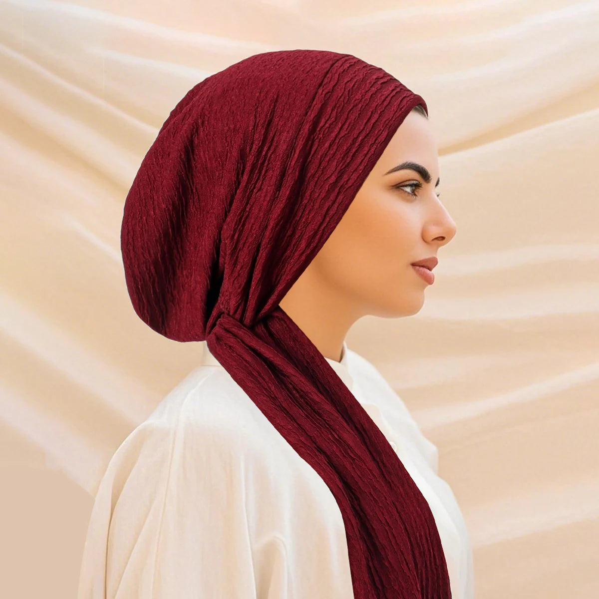 Turban Uni à Queue Longue – Bonnet Hijab Élastique Respirant Toutes Saisons