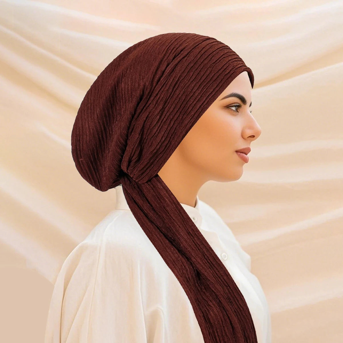 Turban Uni à Queue Longue – Bonnet Hijab Élastique Respirant Toutes Saisons