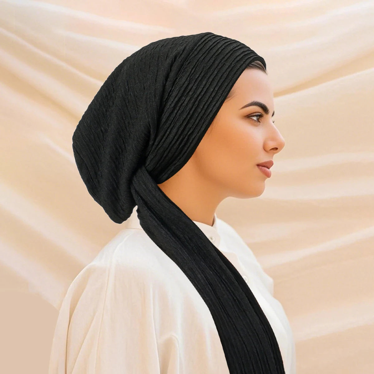 Turban Uni à Queue Longue – Bonnet Hijab Élastique Respirant Toutes Saisons